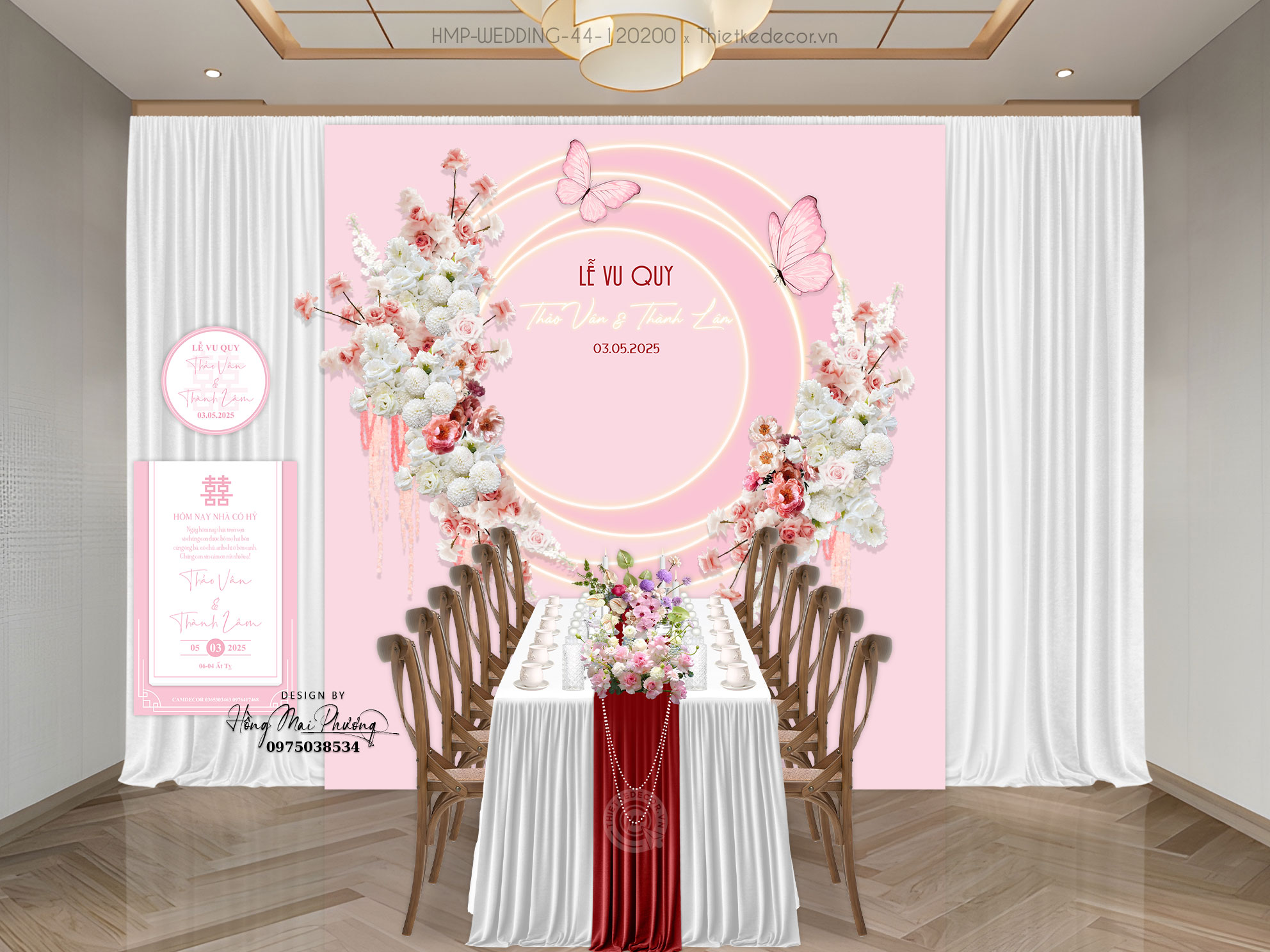 Gia tiên tone hồng gắn bướm kèm tem nước và tag bàn